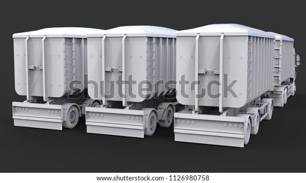 Large white trucks with separate trailers, for\
transportation of agricultural and building bulk materials and\
products. 3d\
rendering.