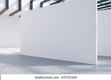 Large White Wall In Center Of Room In Attic With Glass Roof. Concept Of Contemporary Design Trends. 3d Rendering. Mockup