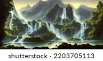 Large wide cascading waterfall in the forest, water flows down the mountainside. 3d illustration