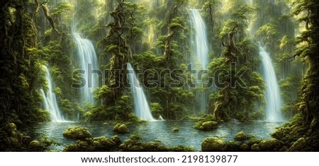 Large wide cascading waterfall in the forest, water flows down the mountainside. 3d illustration