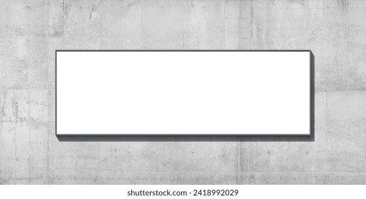 large wide-format wall blank white banner or big board hanging on the concrete wall of a building. Place for advertising. 3d render