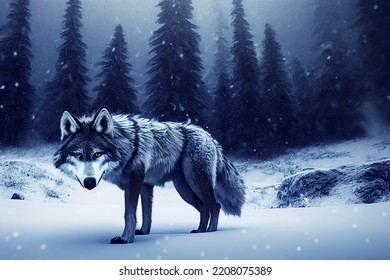 Large wild wolf standing in the middle snow forest meadow landscape, illustration rendering