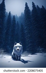 Large wild wolf standing in the middle snow forest meadow landscape, illustration rendering