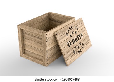 Large wooden crate with Made in Turkiye text on white background. 3D rendering