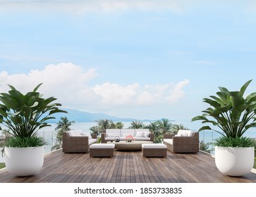 Large wooden terrace with sea view 3d render,There has wooden floors,glass railing,decorated with fabric and rattan furniture, decorated with big tree pot