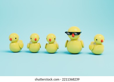 A Large Yellow Rubber Duck In Black Pixel Glasses Around Which Are Small Ducks On A Blue Background. 3D Render.