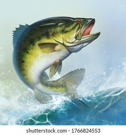 Largemouth Bass jumps out of water realistic illustration. Big bass perch fishing in the usa on a river or lake at the weekend. Square background mobile version of a wave of a lake sunny day.