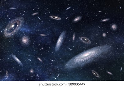 Large-scale Structure Of Multiple Galaxies In Deep Universe. 3D Rendered Digital Illustration.