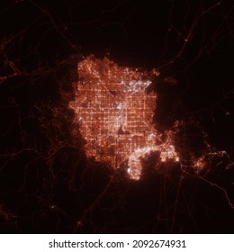 Las Vegas City Lights Map, Top View From Space. Aerial View On Night Street Lights. Global Networking, Cyberspace. High Resolution