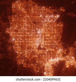 Las Vegas City Lights Map, Top View From Space. Aerial View On Night Street Lights. Global Networking, Cyberspace. High Resolution