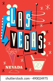 Las Vegas Nevada vintage style travel poster featuring cocktail drinks and lights.