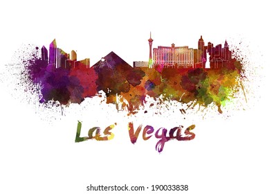 Las Vegas skyline in watercolor splatters with clipping path