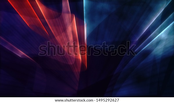 Laser neon red and blue\
light rays flash and glow. Festive concert club and music hall\
abstract 3D illustration for pop, rock, rap music show. Colorful\
design overlay