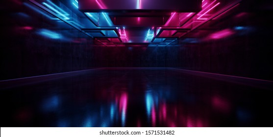 Laser Show Club Dark Neon Sci Fi Futuristic Retro Purple Blue Glowing Ceiling Lights Concrete Grunge Garage Stage Tunnel Room Hall 3D Rendering Illustration