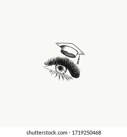 A Lash Beauty Training Academy Logo In Black And White.  A Beautiful Eye With Lots Of Long Fluttering Lashes Has A University Or College Mortar Board Floating Above It.  The Logo Is An Illustration