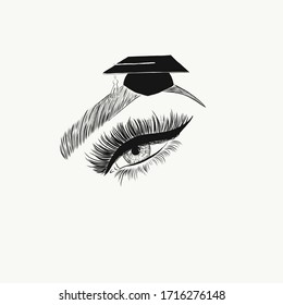 A Lash And Brow Beauty Training Academy Logo In Black And White.  A Beautiful Eye With Lots Of Long Fluttering Lashes And A Groomed Shaped Eyebrow With A Mortar Board Resting On The Brow Arch