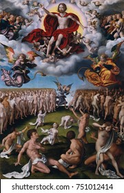 THE LAST JUDGMENT, By Joos Van Cleve, 1520-25, Netherlandish, Northern Renaissance Oil Painting. Christ At The Moment Of Judgment Surrounded Light, Clouds, Putti, And Flanked By The Apostles. He Bless