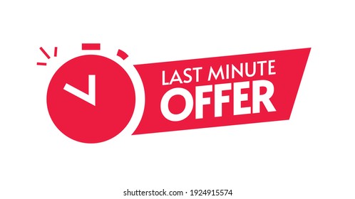 Last minute offer red color icon sign, discount sticker tag, left limited time period sale special promotion label, alarm clock with chance promo text symbol design isolated clipart image