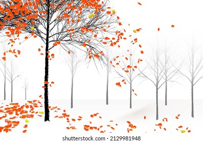 The last orange leaves of autumn fall off trees after the first snowfall of winter has arrived in this 3-d illustration.