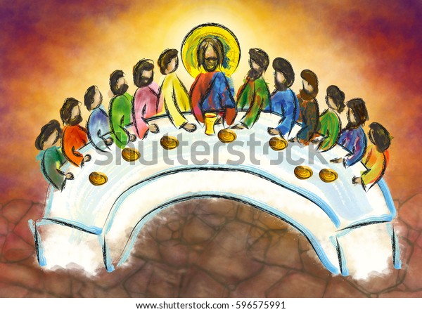 Jesus Christ with twelve apostles on Holy or Maundy Thursday. Abstract artistic digital illustration.