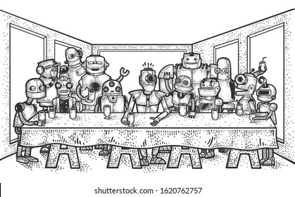 The Last Supper of robots sketch engraving raster illustration. Leonardo da Vinci painting parody. T-shirt apparel print design. Scratch board imitation. Black and white hand drawn image.