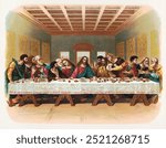 The last supper, vintage religious illustration by Leonardo da Vinci. The last supper image. Vintage Jesus Christian art drawing illustration, old Christianity religion painting art print by da Vinci.