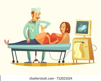 Late Pregnancy Ultrasound Screening For Birth Weight Prediction And Fetal Hart Rate Monitoring Retro Cartoon Vector Illustration 