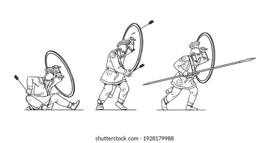 Late Roman Soldiers During The Battle. Attack Of The Roman Army. Set Of 3 Warriors. Outline Drawing.