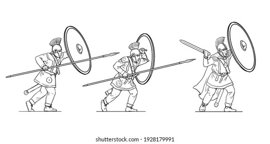 Late Roman Soldiers During The Battle. Attack Of The Roman Army. Set Of 3 Warriors. Outline Drawing.