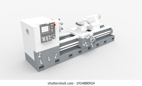 Lathe 3D Rendering Milling Machine Isolated In White Studio Background. Metal Works