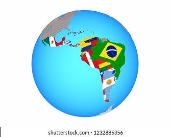 Latin America With National Flags On Blue Political Globe. 3D Illustration Isolated On White Background.