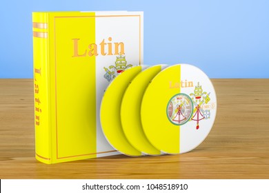 Latin Language Textbook With CD Discs On The Wooden Table. 3D Rendering