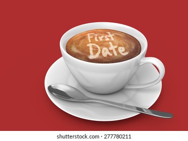 Latte art message in a coffee cup that says first date