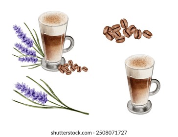 Latte cup with lavender branches and coffee beans. Watercolor illustration on white background. Can be used for cafe, coffee shop, coffee shops, logo. Ingredients for home fragrance, aromatherapy - Powered by Shutterstock