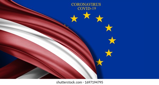 Latvia flag of silk with text coronavirus covid-19 and Europe flag background-3D illustration - Shutterstock ID 1697194795
