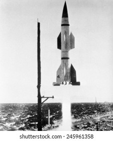 Launch of the first Hermes A-1 rocket at White Sand Proving Ground. It combined the Herman V-2 exterior shape with entirely new internal design. May 5, 1950.