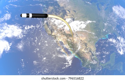 The Launch And Flight Of An Intercontinental Ballistic Missile Over The Territory Of United States (USA). Nuclear Missile Bomb. 3D Illustration. 