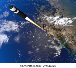 The Launch And Flight Of An Intercontinental Ballistic Missile Over The Territory Of United States (USA). Nuclear Missile Bomb. 3D Illustration. 