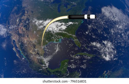 The Launch And Flight Of An Intercontinental Ballistic Missile Over The Territory Of United States (USA). Nuclear Missile Bomb. 3D Illustration. 