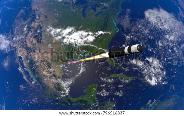 The launch and flight of an\
intercontinental ballistic missile over the territory of United\
States (USA). Nuclear missile bomb. 3D illustration.\
