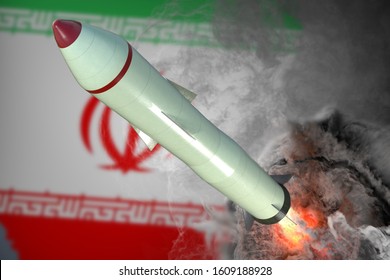 Launch Of Missile. Iran Flag In Background. 3D Rendered Illustration.