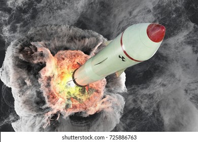 Launch Of Nuclear Missile. A Lot Of Smoke Around. 3D Rendered Illustration.