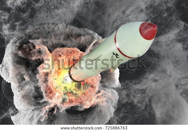 Launch of nuclear missile. A lot of smoke\
around. 3D rendered\
illustration.