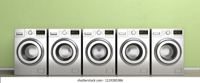 Laundromat. Clothes Washing, Dryer Machines On Wooden Floor, Green Wall Background, Banner. 3d Illustration