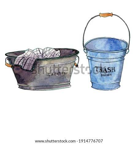 laundry basket and trash bucket watercolor illustration old fashioned enameled. Rustic style, grunge texture. Hand drawn colorful cleaning illustration.