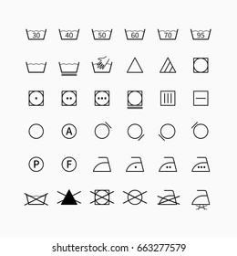 Laundry And Drycleaning Symbols Set. Garment Clothing Care Icons And Washing Labels.