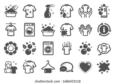 Laundry icons. Dryer, Washing machine and dirt shirt. Laundromat, hand washing, soap bubbles in basin icons. Dry t-shirt, laundry service, dirty smudge spot. Clean clothes. Quality set.