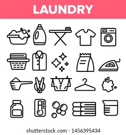Laundry Line Icon Set . Washing Machine. Clean Dry Cotton. Cloth Laundry Pictogram. Thin Outline Illustration