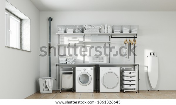 Laundry room in the basement with washer and\
dryer and laundry basket (3D\
Rendering)