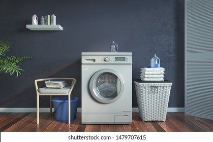 Laundry Room, Blue Wall, Plants And Basket .3d Illustration
